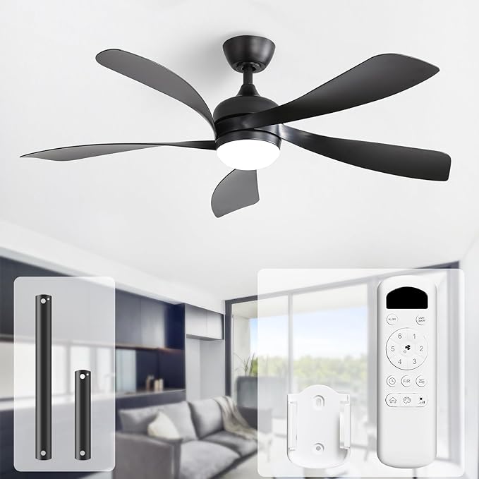 Sofucor 52 Inch Ceiling Fans with Lights and Remote, Outdoor Ceiling Fan with Light 6-Speed 3 CCT 3-Timer, Black Low Profile Ceiling Fan 5 Blade Reversible DC Motor for Living Room Bedroom Patio