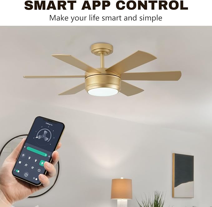 SHOWDI Gold Ceiling Fans with Lights and Remote, Easy Installation, 42 in | 2 Blade Color, Metal Material, App Remote Control, Timer, Reversible, 3CCT, Dimmable for Bedroom, Living room, Indoor