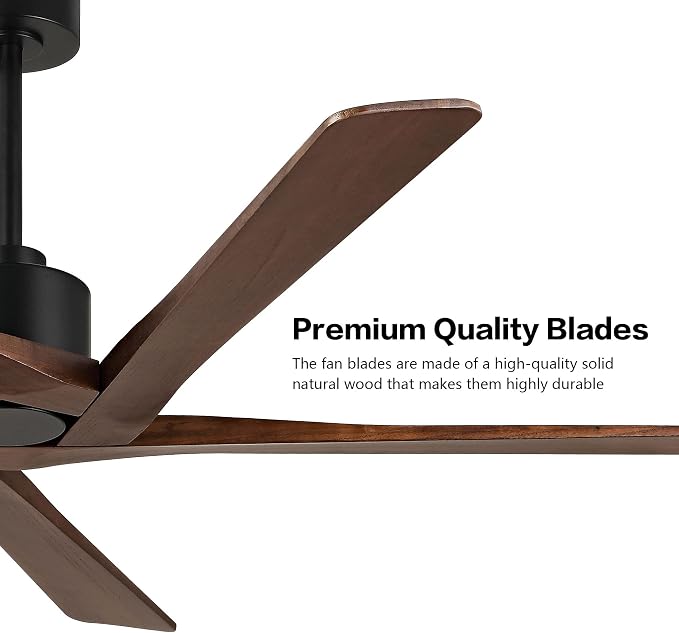 WINGBO 54 Inch DC Ceiling Fan without Lights, 5 Reversible Carved Solid Wood Blades, 6-Speed Noiseless DC Motor, Ceiling Fan No Light with Remote, Matte Black Finish with Walnut Blades, ETL Listed