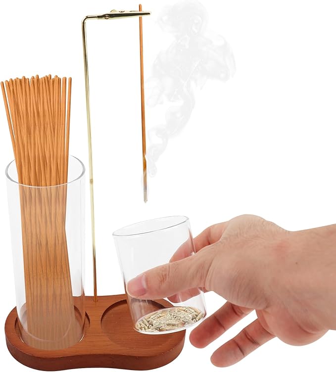 2 in 1 Incense Holder for Sticks, Anti-ash Incense Burner with Glass Ash Catcher, Incense-Holder for Meditation Yoga Spa Room Decor(Color:Brown)