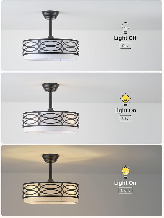 20" Black Farmhouse Ceiling Fan with Light, Caged Fandelier Ceiling Fans with Lights Remote Control with 6 Speeds for Bedroom, Living Room, Nursery