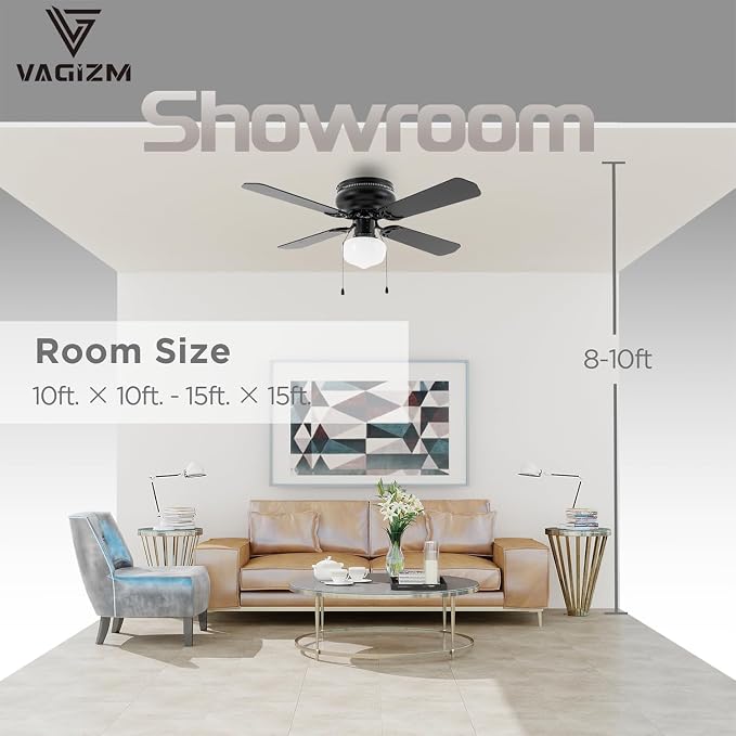 42 Inch Ceiling Fan Traditional: Flush Mount with LED Light - Pull Chain Control- Dual Finish Blades - Reversible for Bedroom, Home Office（Matte Black）