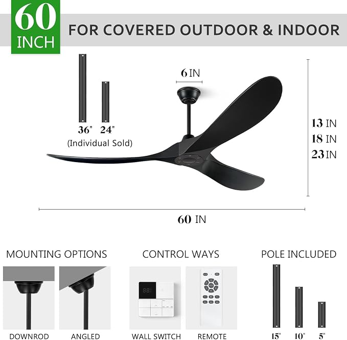 Eliora 60 Inch Ceiling Fans Without Light, Solid Wood Ceiling Fan with Remote Control and Quiet DC Motor, Ceiling Fan no Light 3 Blades, Outdoor Ceiling Fans for Patios without Lights Matte Black