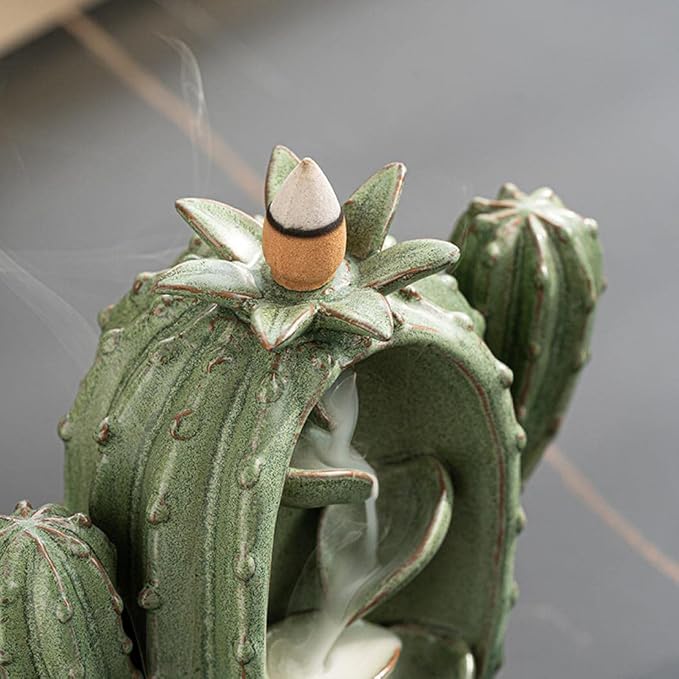 Backflow Incense Burner Holder Cactus Waterfall Home Decor Porcelain with Incense Cone Sticks Holder Incense Sticks Backflow Incense Cones Mat Tweezer Gift Set (3)