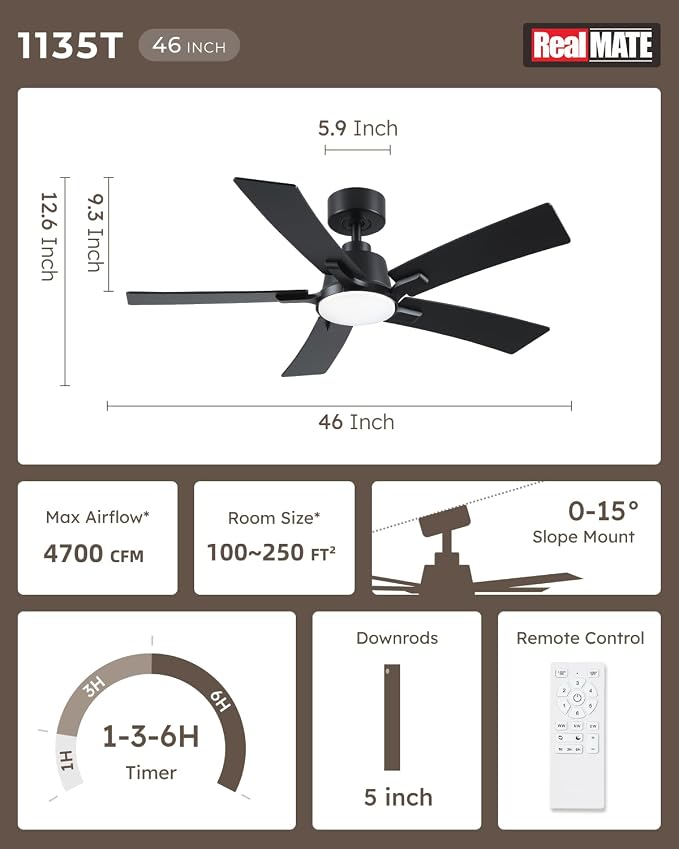 46 Inch Balck Downrod Ceiling Fans with Lights and Remote | 3CCT Dimmable LED, 6 Speed, Quiet DC Motor, 3-Level Timer Function, Forward/Reserve For all Seasons, Indoor/Covered Outdoor