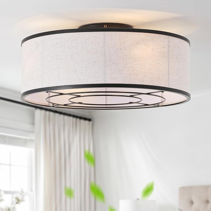 20 Inch Boho Ceiling Fan with Light, Low Profile Flush Mount Caged Ceiling Fan, Bladeless Black Drum Chandelier with Remote, 6 Speed Reversible DC Motor for Bedroom Living Room, Nursery
