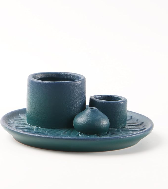 4 in 1 Ceramic Incense Burner, Sage Holder for Burning Bowl, Palo Santo Sticks Holder, Smudge Stick Ash Catcher Tray for Meditation Yoga Room (Blue)