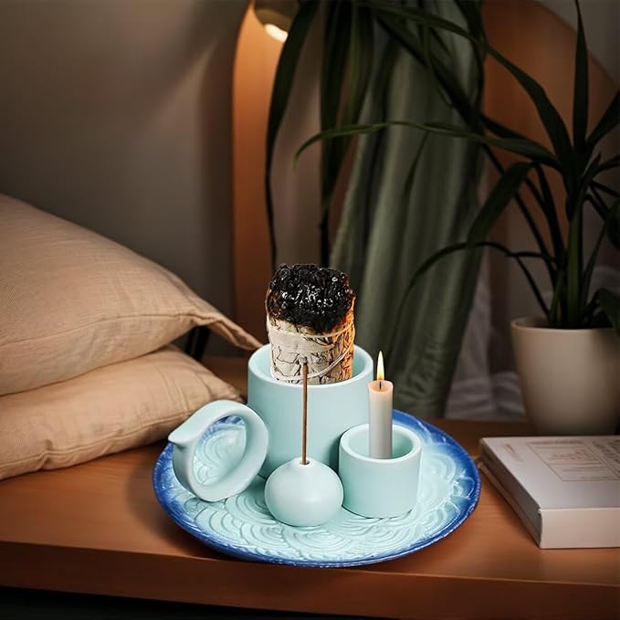 Incense Burner, Sage Palo Santo Candle Sticks Holder for Burning with Ash Catcher Tray, Handmade Ceramic Multi-Use Aromatherapy Tray for Meditation, Yoga, Home Decor (Cyan)
