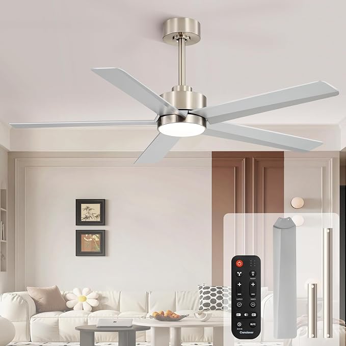 Conciseer 52 Inch Ceiling Fans with Lights and Remote for Bedroom Living Room Kitchen Office, Indoor/Outdoor Use, 3CCT Dimmable, 5 Blades 6 Speed Reversible Quiet DC Motor, Sand-nickel/Silver