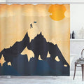 Ambesonne Vintage Shower Curtain, Man on Mountaintop with Flag Snowy Winter Sun Clouds Adventure Sports, Cloth Fabric Bathroom Decor Set with Hooks, 69" W x 75" L, Orange Mustard Dark Blue