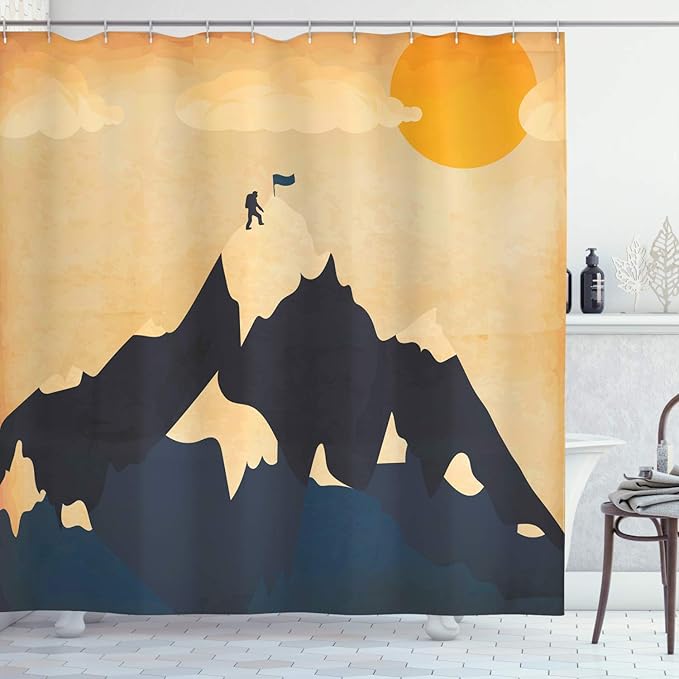 Ambesonne Vintage Shower Curtain, Man on Mountaintop with Flag Snowy Winter Sun Clouds Adventure Sports, Cloth Fabric Bathroom Decor Set with Hooks, 69" W x 75" L, Orange Mustard Dark Blue