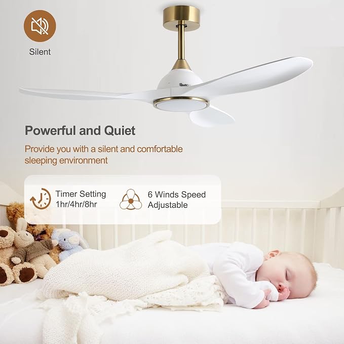 52 Inch High CFM Modern White Gold Ceiling Fan with Lights Remote Control | 6 Speed, Quiet DC Motor, 3 Blade Indoor Bedroom Living Room Ceiling Fan