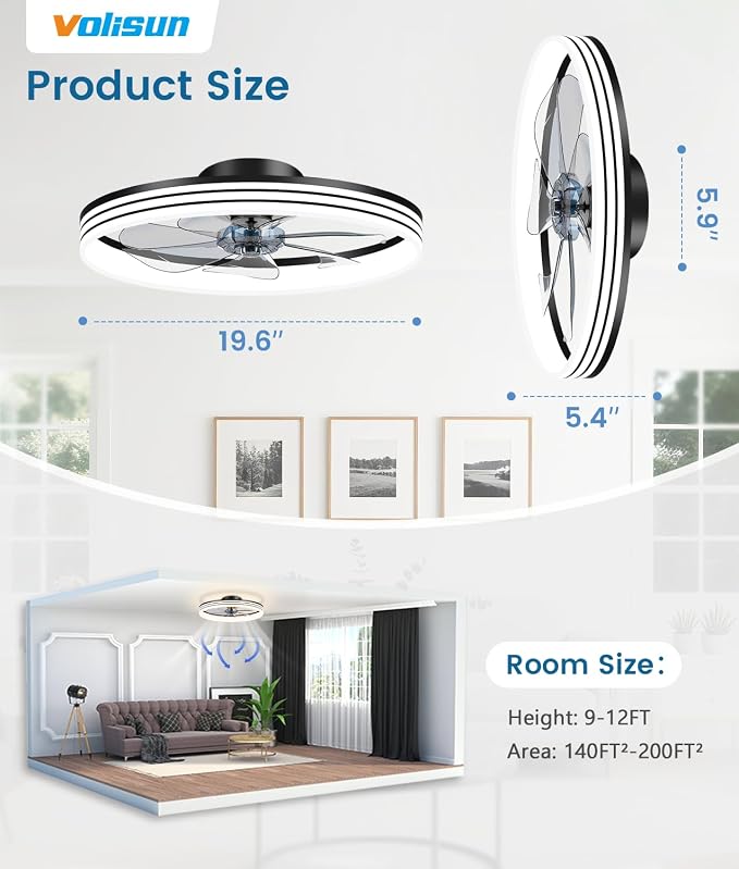 VOLISUN Low Profile Ceiling Fans with Lights and Remote, No Assembly, 20in Flush Mount Ceiling Fan with Light, 3000K-6500K Dimmable Fandelier LED Fan Light, White Bladeless Ceiling Fans for Bedroom