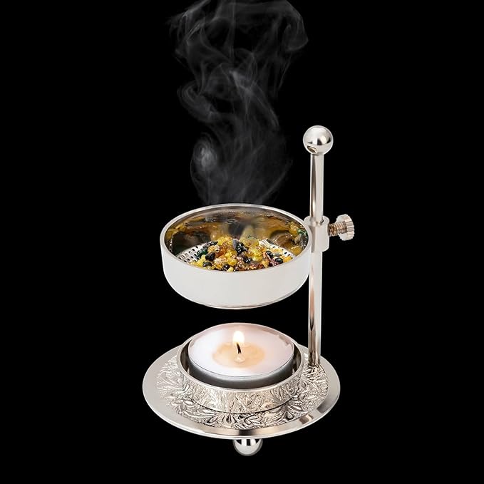 Premium Handmade Nickel-Plated Brass Incense Burner [Silver] with Adjustable Height (4.33 inch) – Includes Screen and Tealight for Perfect Smoking Experience (Silver)