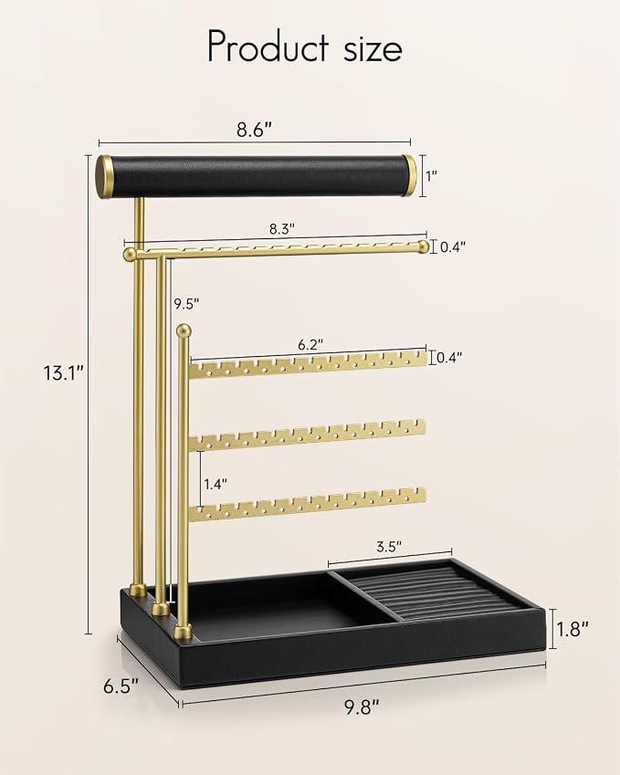 VLANDO Jewelry Stand Organizer with Ring Holder, Jewelry Holder Organizer with Tray, Necklace Bracket Earring Holder - Black