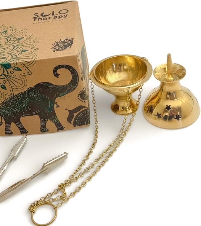 Brass Burning Hanging Censer, Charcoal Incense Burner with Charcoal Tong- Censer Incense Burner, Censer Incense Burner with Chains 7" High and 3.5" Diameter (Incense Burner)