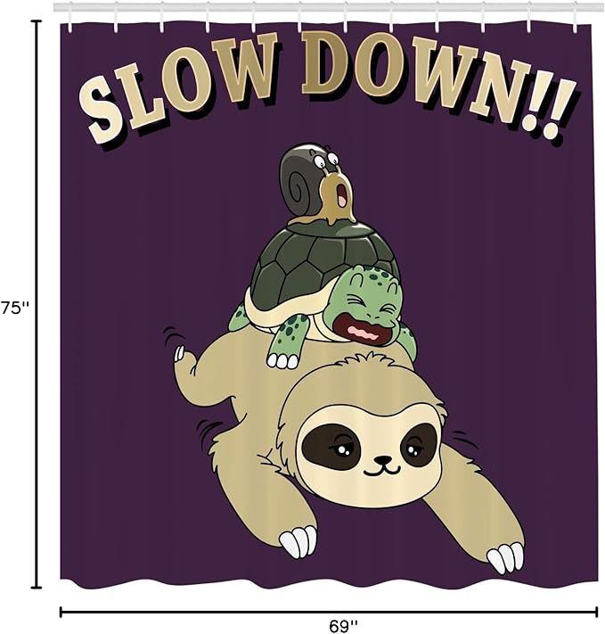 Ambesonne Sloth Shower Curtain, Funny Cartoon Scenery Animal Turtle Snail on Top of Each Other Slow Down Phrase, Cloth Fabric Bathroom Decor Set with Hooks, 69" W x 75" L, Plum Dark Eggshell