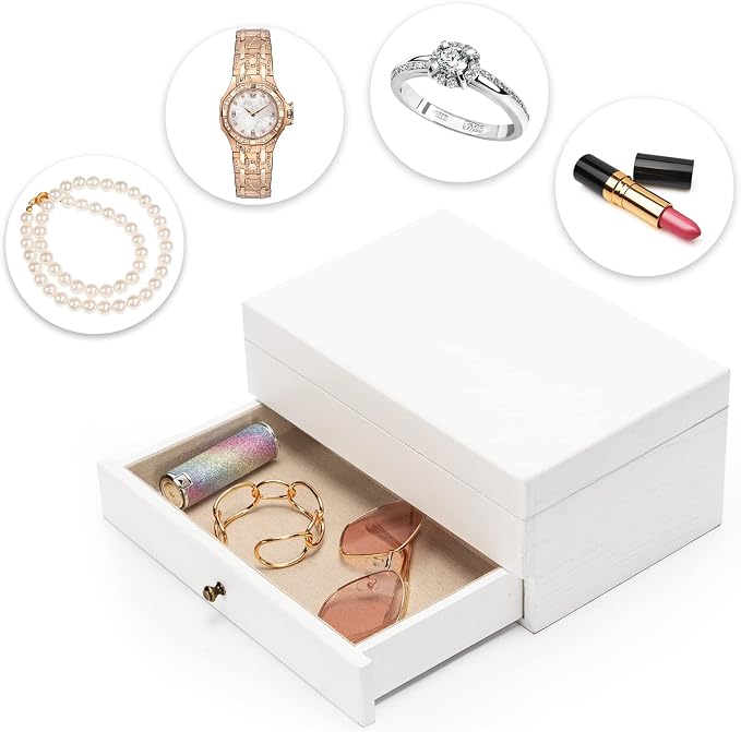 Meangood Jewelry Box Organizer for Women, 2 Layer Large Jewelry Storage Case, Rustic Wooden Jewelry Box with Mirror & Ring Tray for Necklace Earring Bracelets Rings, Vintage Style (White)
