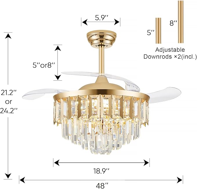 TXCSLY 48" Fandelier Ceiling Fan with Light, Crystal Chandelier Fan with Retractable Blades Dimmable Crystal Ceiling Fan Chandelier for Bedroom Living Room Dining Room-Gold