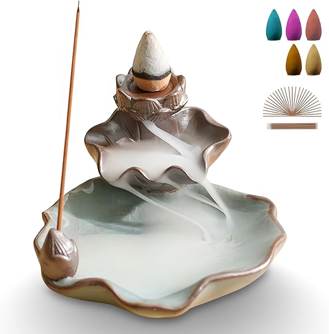 Waterfall Incense Burner, Lotus Backflow Incense Holder Ceramic Censer Cones Sticks Porcelain Holder for Home Décor, Meditation, Yoga, Spiritual Rituals (Light Blue)