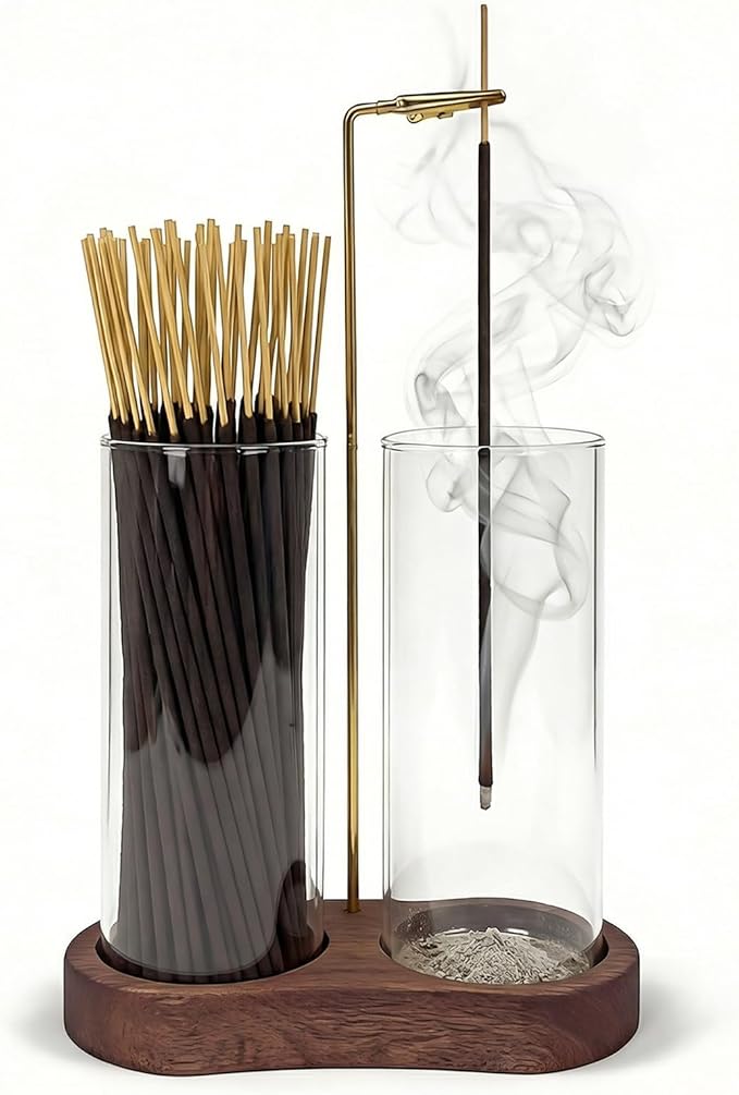Glass Incense Holder for Sticks, 2-in-1 Incense Burner with Ash Catcher & Storage, Natural Wood Stick Holder for Meditation Yoga Zen Home Decor, Unique Spa Gift for Women
