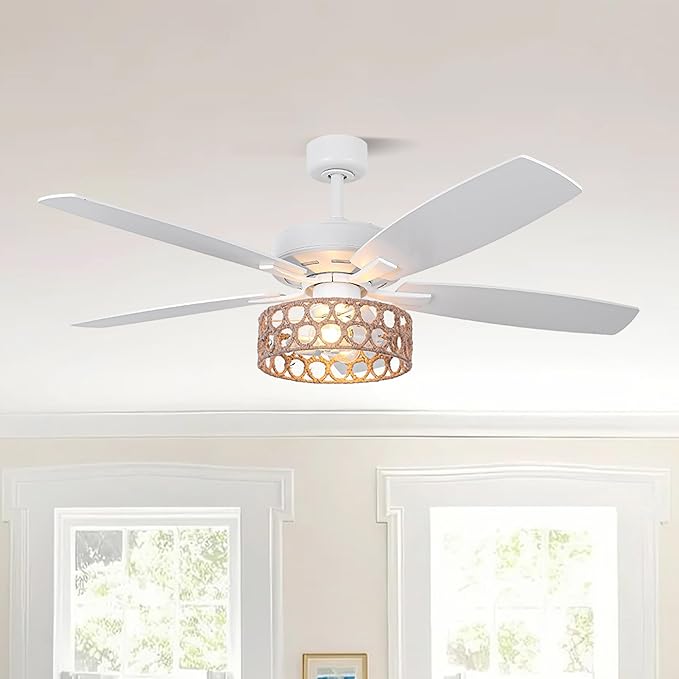 52 Inch Farmhouse Ceiling Fan with Light and Remote, Vintage Caged Ceiling Fan for Living Room, 6-Speed Adjustable & Reversible Quiet DC Motor, Dual Finish 5 Blades, White