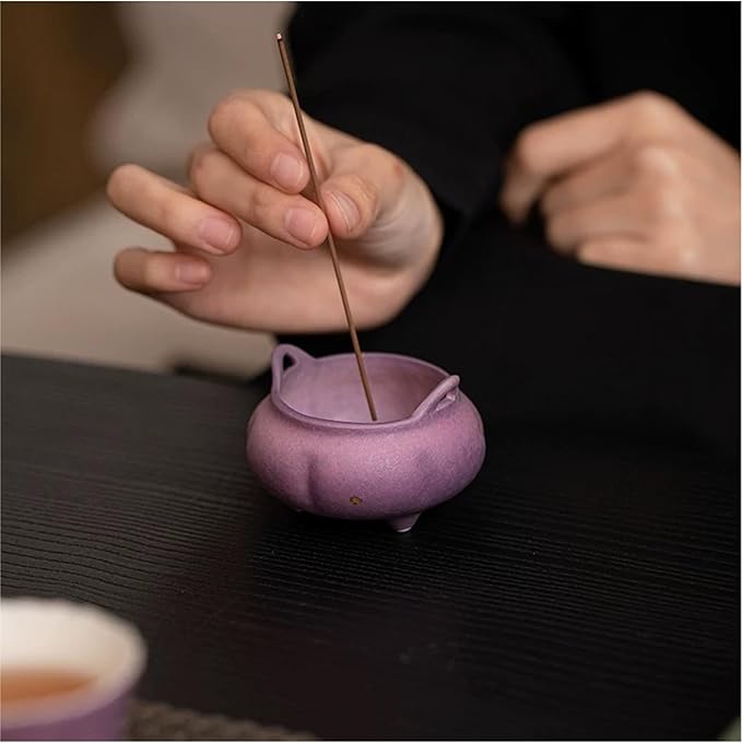 Hermit Life Incense Burner with 9 Holes Stick Holder, Lotus Bud or Tripod Ding Shape Design and Matte Ceramic Surface for Home Décor, Incense Stick Holder with Ash Catcher (Purple Tripod Ding)