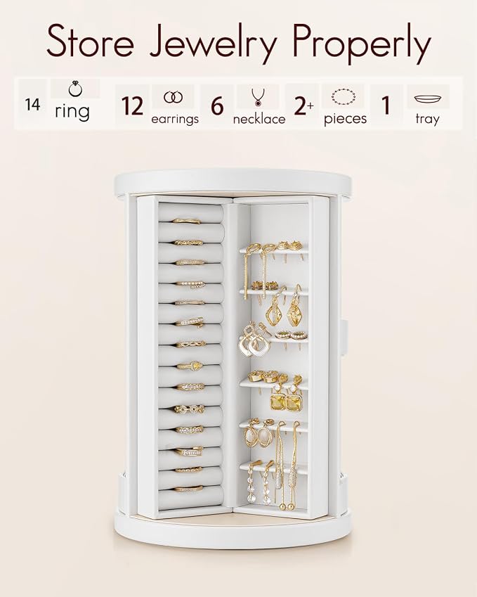 VLANDO 360°Rotating Jewelry Box,Earring Organizer Large Vertical Jewelry Organizer with 6 Necklace Hooks, Open Ring Display Storage for Women -White