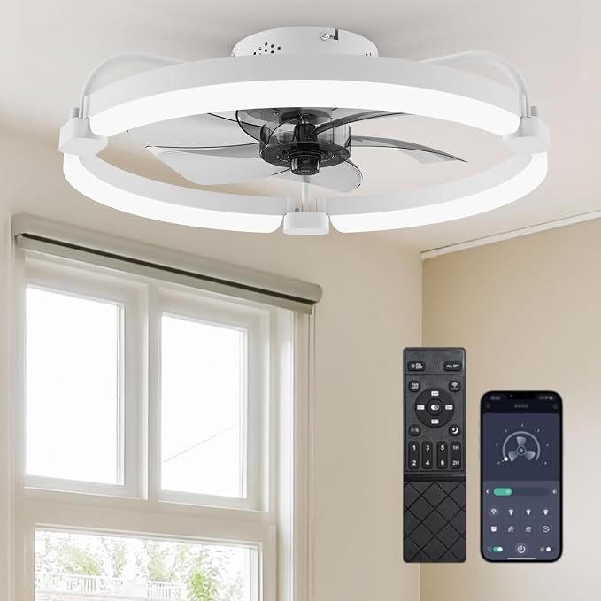 Ensenior Ceiling Fans with Lights and Remote, 20" Low Profile Ceiling Fan Flush Mount, APP Control, 6 Speed, 3CCT, Quiet Reversible DC Motor, Dimmable Modern Ceiling Fan with Light for Bedroom, White