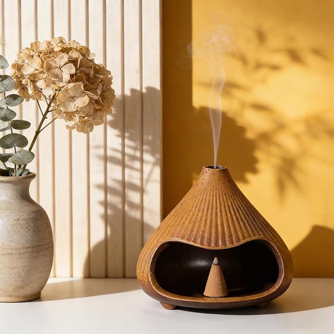 Ceramic Incense Holder, Mini Palo Santo Burner Chimney for Palo Santo Sticks, Cone Incense and Sage Smudging, Handmade Cone Incense Holder Burner for Yoga, Meditation, and Energy Cleansing (Brown 02)