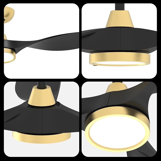Roomratv Ceiling Fans with Lights and Remote Control,Quiet Noiseless Reversible DC Motor,6 Speeds,Timers, 3 CCT, Indoor Use, Plastic Blades,52 Inch Black and Gold Modern Ceiling Fan for Living Room