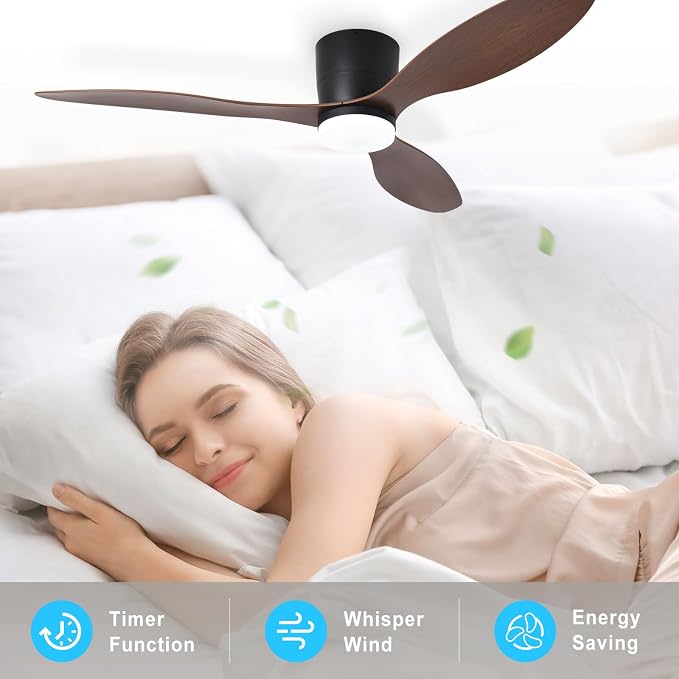 Depuley Flush Mount Ceiling Fan: 52-Inch Black Ceiling Fans with Lights for Bedroom Indoor Outdoor - Low Profile Ceiling Fans with Remote Control 24W 3CCT Dimmable 3 Reversible Walnut Blades 6 Speeds