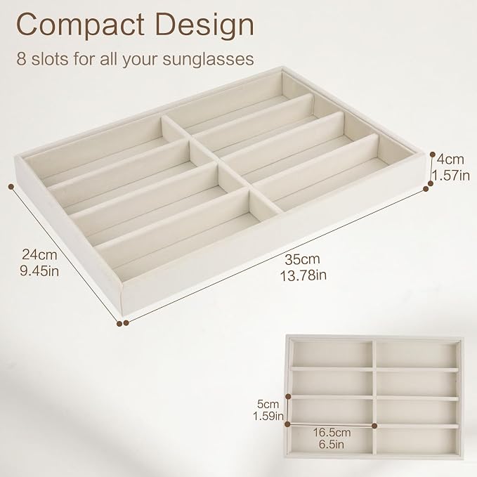Sunglass Organizer, 8 Grids Beige Velvet Glasses Tray for Eyeglasses Watches Jewelry Display Handmade Craft Storage Box for Home or Shop, Large Capacity 13.8"x9.4" Men Women