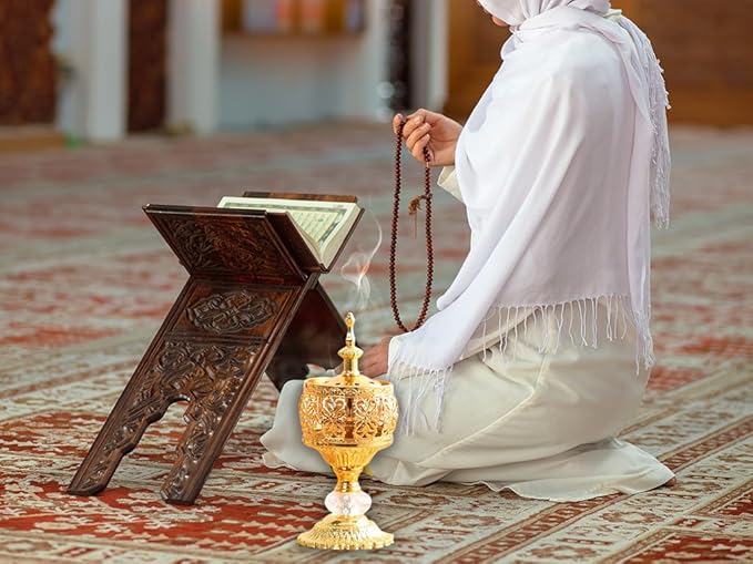 Gold Incense Burner Holder, Arabic Incense Burner with Tongs, Metal Vintage-Incense-Burners, for Aromatherapy Yoga Spa, Home Table Decoration, Ramadan Decorations, Gold