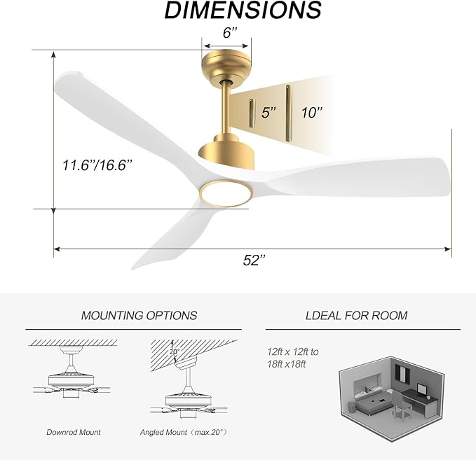OFANTOP 52 Inch Modern White Gold Smart Ceiling Fan with Light and Remote | Whisper-Quiet & Powerful Airflow, 3-Color Dimmable LED with Memory, Reversible Motor, Timer, for Bedroom Living Room