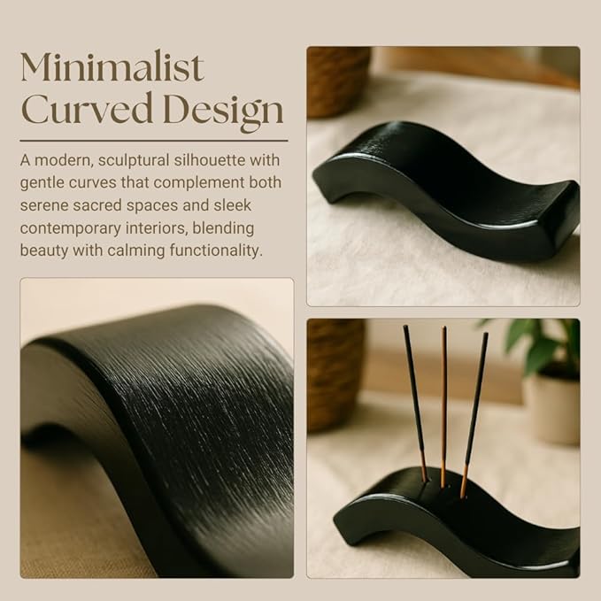 Handcrafted Mango Wood Incense Holder, 8-Inch Curved Stick Stand in Dark Gloss Finish, Modern Mandir, Meditation, Yoga & Spa Décor Tray, Elegant Wooden Aromatherapy Accessory