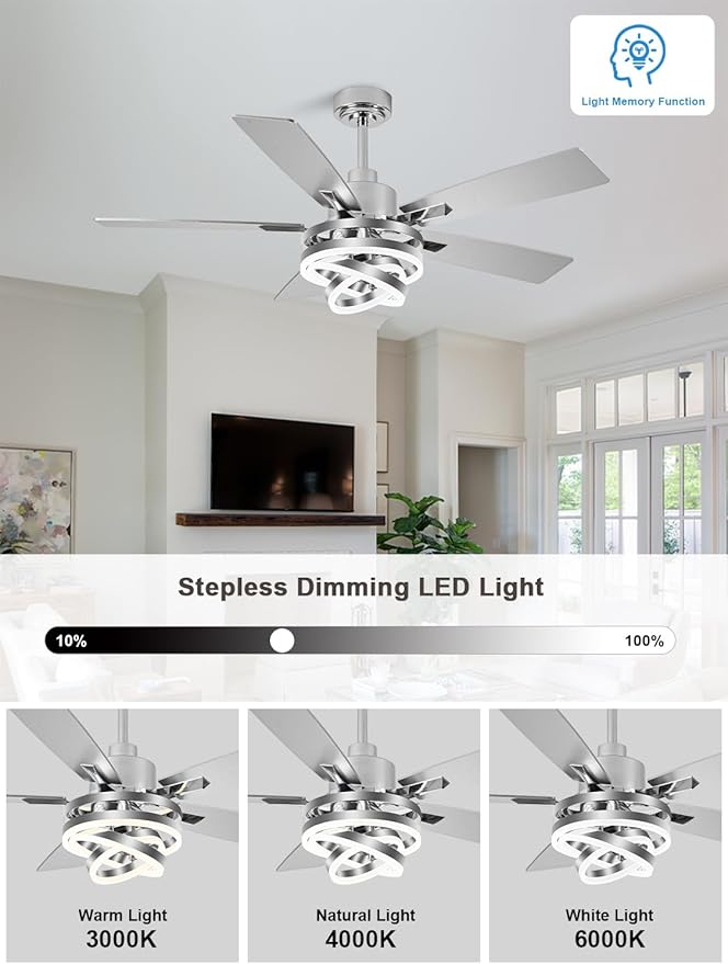 Bella Depot 52" Ceiling Fan with Light, Modern Sliver Chandelier Fan with Remote, Rustic Indoor Fandelier Fan with Silent DC Motor for Living Room Bedroom(Chrome)