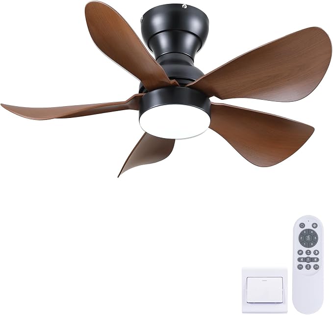 Kviflon Ceiling Fans with Lights and Remote/APP Control, 30 inch Low Profile Ceiling Fans with 5 Reversible Blades 3 Colors Dimmable 6 Speeds Ceiling Fan for Bedroom Dining Room, Wood Color