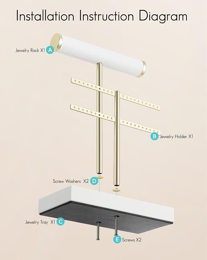 VLANDO 2 Tier Necklace Holder Organizer with Tray, Leather Bracelet Holder Display for Women, Gold Jewelry Holder Stand for Bracelet, Necklace, Earrings, Rings - White