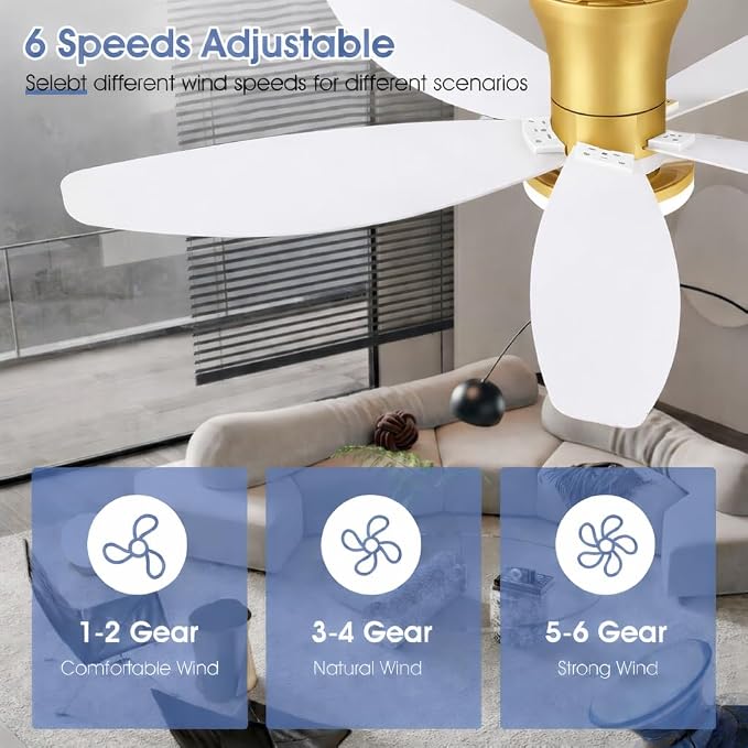 Surtime 42" Ceiling Fans with Lights-Low Profile Ceiling Fan with Light and Remote/APP Control,Flush Mount Gold Ceiling Fan with Reversible White Blades