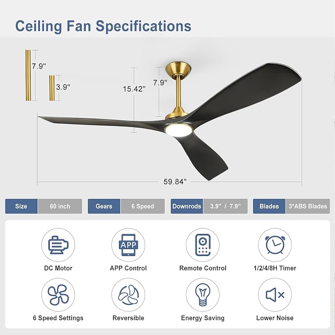 Modern Ceiling Fan with Light: Black and Gold Ceiling Fans with Remote and Smart APP Control 3 Blades - 60 Inch Ceiling Fan for Indoor Living Room Bedroom