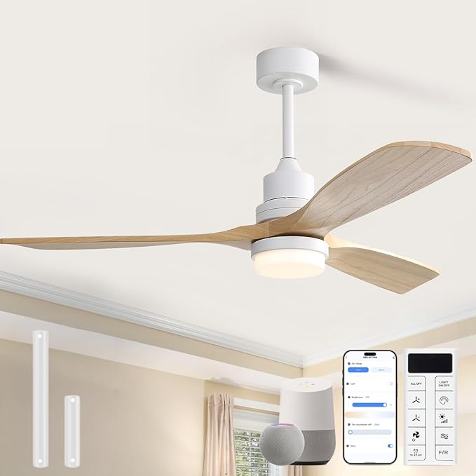 Sofucor 52 Inch Smart Ceiling Fans with Lights and Alexa/APP/Remote Control-Modern Solid Wood Outdoor 3 Blades Ceiling Fan for Indoor/Bedroom/Living Room/Kitchen/Patio, Natural Wood