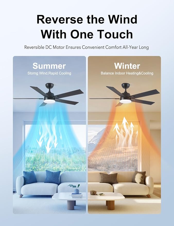 Rayqueen 52 Inch Black Ceiling Fans with Lights and Remote,Includes Downrod | 6 Speed Reversible DC motor,3-color temperature dimmable LED.For indoor/covered outdoor.Modern style for bedroom room