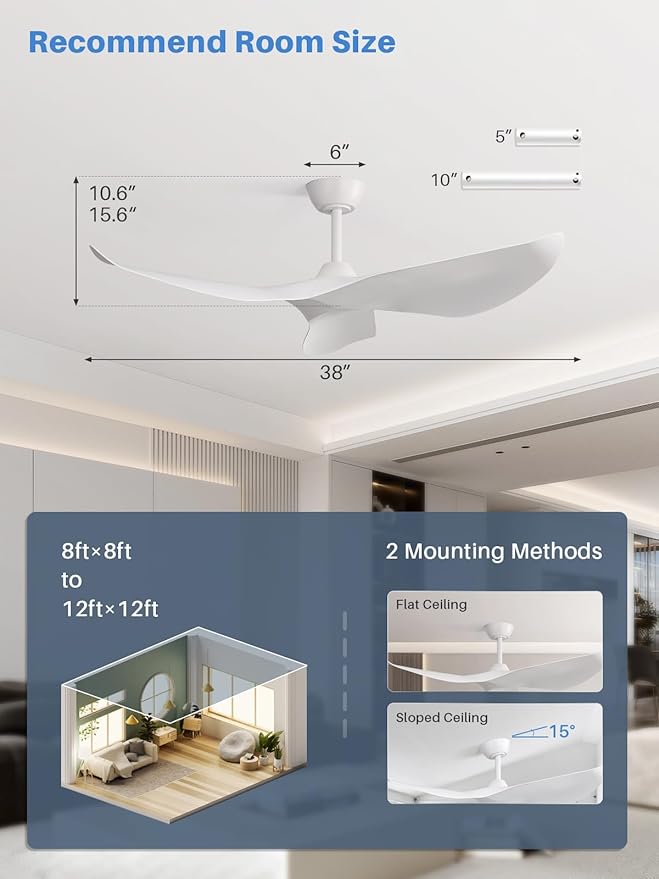 Sofucor 38 Inch Ceiling Fan No Light, Modern White Ceiling Fan with Remote Control, Quiet Reversible DC Motor, 6-Speed Noiseless Indoor Ceiling Fan for Bedroom Living Room Covered Patio Porch