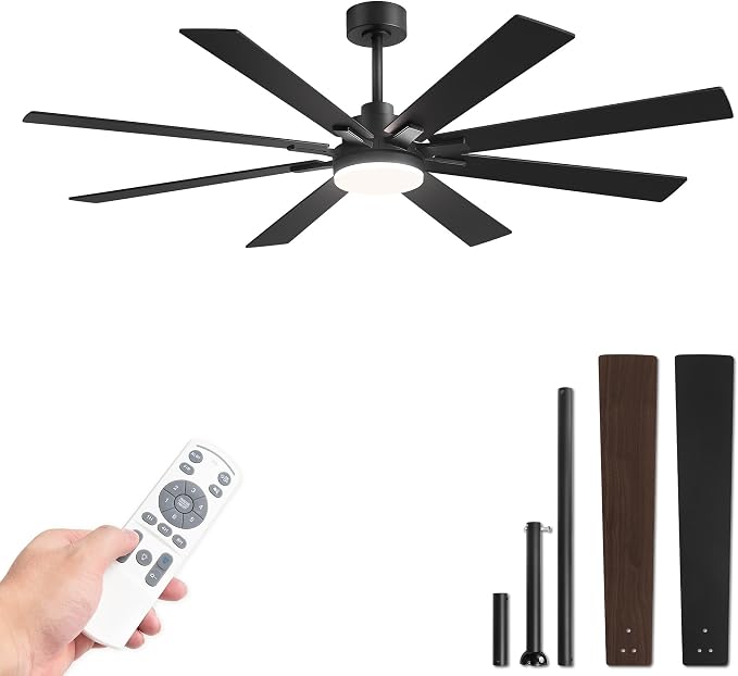 Fanbulous 65 Inch Ceiling Fan with Light and Remote, 6 Speeds Reversible DC Motor Ceiling Fans for Living Room Patio Garage, 3CCT Dimmable LED, 8 Wood Blades, Downrod Mount, Sloped Ceiling Compatible