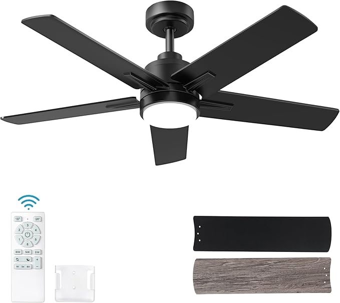 42 Inch Black Ceiling Fan with Light and Remote Control,Dimmable 3 Color Temperatures LED Ceiling Fan,6 Speeds Reversible DC Motor,5 Blades Modern Ceiling Fans for Indoor or Covered Outdoor