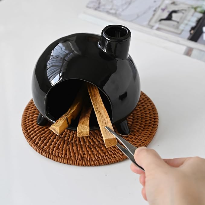 Handmade Ceramic Palo Santo Holder Burner - Mini Chimenea Incense Dish for Palo Santo and Sticks .Sage Holder for for Aromatherapy, Yoga, Meditation Gift and Home Decor (Black1)