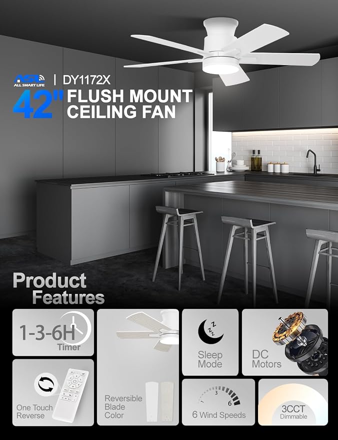 Flush Mount Ceiling Fans with Lights 42 Inch, Remote Control, 3CCT Dimmable, 6 Speeds, Noiseless Reversible DC Motor, Low Profile Hugger White Ceiling Fan for Living Room, Patio, Indoor/Outdoor, ETL