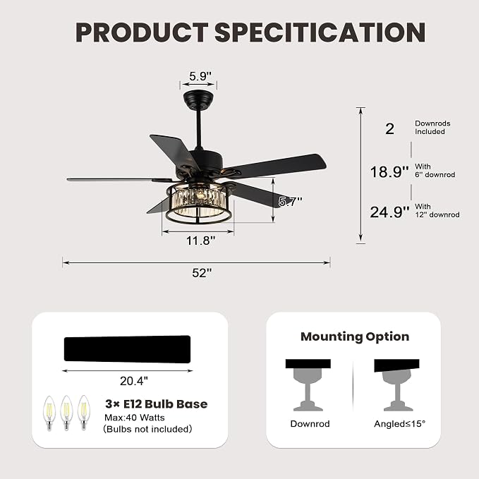 Dawn Whisper 52 Inch Chandelier Ceiling Fans with Lights and Remote Quiet and Reversible DC Motor Black Caged Modern Ceiling Fan for Bedroom Living Room