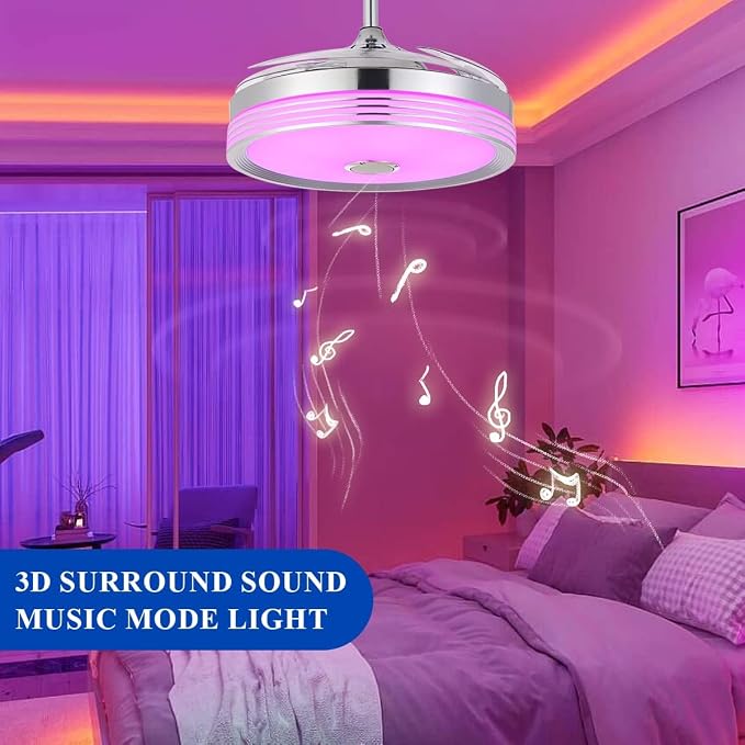 42 inch Retractable Ceiling Fan with Lights and Remote Control, 6Speed Dimmable Fandelier, RGB Modern Smart Ceiling Fan Light with Bluetooth Speaker, Reversible Bedroom